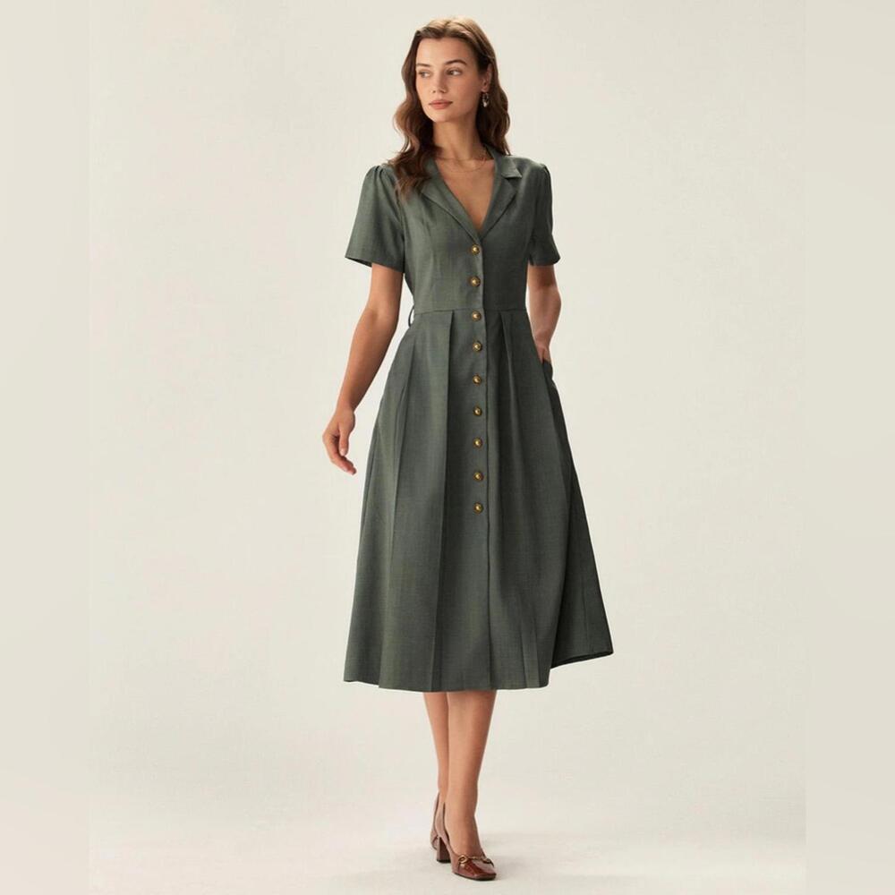 RIHOAS Green V Neck Pleated Button Midi Dress XS